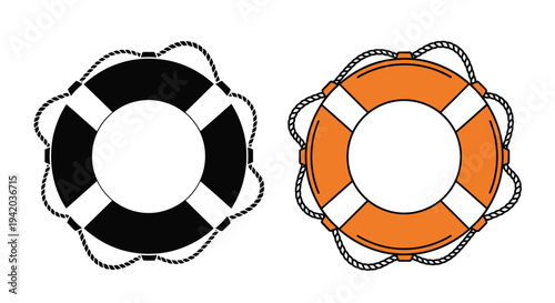 Two life preservers one black and one orange in a graphic style silhouette