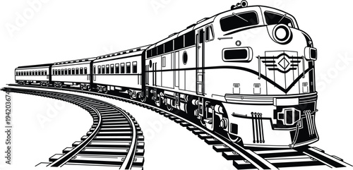 Curved railroad train illustration, passenger locomotive artwork, railway transport vector drawing, motion perspective silhouette design concept