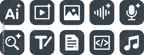 Ten dark rounded square icons with white glyphs representing digital media and functionality tools