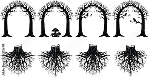 Stylized leafless trees, intricate root stumps, black and white illustration, canopy branches with birds, mushrooms design, nature silhouette artwork