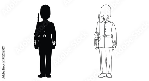 British guards in uniform a silhouette and line drawing