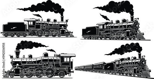 Vintage steam locomotive illustration, black and white train artwork, historical railway engine drawing, industrial revolution transport, classic retro mechanical design