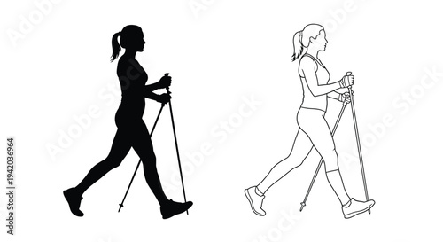 Woman nordic walking with poles side and front views silhouette