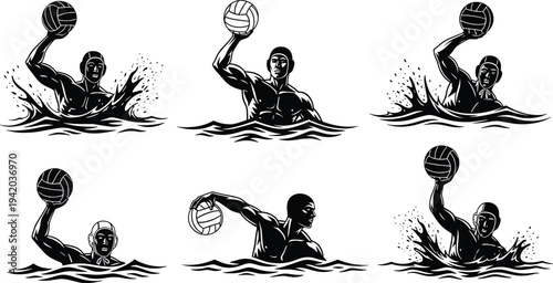 Water polo player illustration set, dynamic sports artwork, athletic ball throw vector drawing, aquatic competition design concept