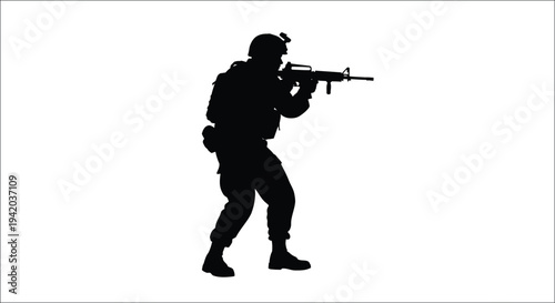 Soldier in combat stance aiming rifle stark black silhouette