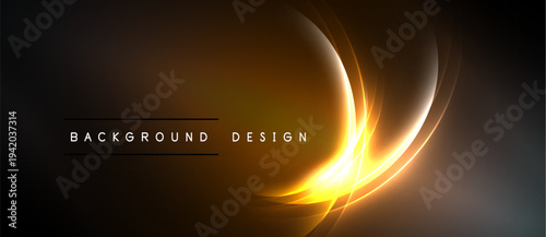 Abstract golden lines form curved shapes over dark background. Bright glow emanates from central point, creating dynamic visual effect.