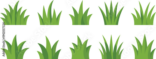 Ten identical vibrant green cartoon grass clumps arranged in two neat rows on a white background