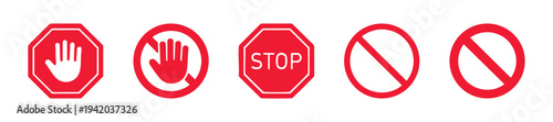 Stop sign icon with hand symbol. Red warning stop gesture sign. Attention danger alert symbol for traffic, safety instruction and prohibition concept isolated vector illustration.