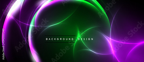 Abstract neon lights create vibrant circular patterns. Dark background emphasizes glowing green, purple hues. Modern design element.