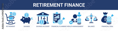 Retirement Finance web banner icon vector illustration concept with icons of retirement, savings, savings account, financial planning, wealth management, balance, and financial goal.