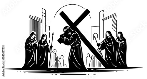 Jesus Christ carrying the heavy wooden cross on the way to Calvary in black and white woodcut style