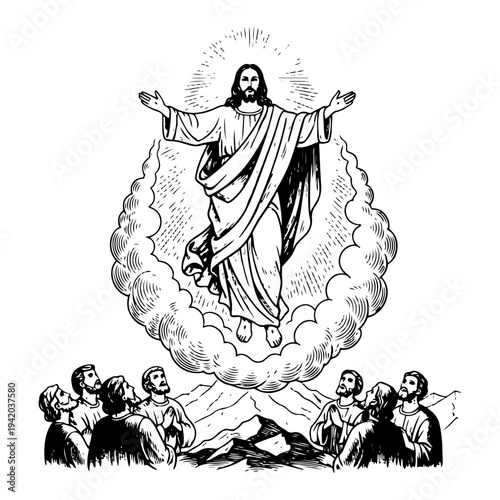 Biblical scene of the ascension of Jesus Christ to heaven witnessed by his disciples in vintage engraving style