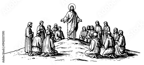 Jesus Christ preaching the gospel to a group of disciples in traditional black and white woodcut style