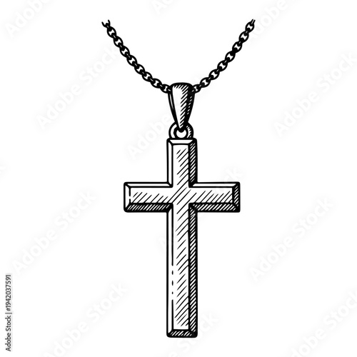 Christian cross pendant necklace jewelry design in hand drawn black and white engraving style