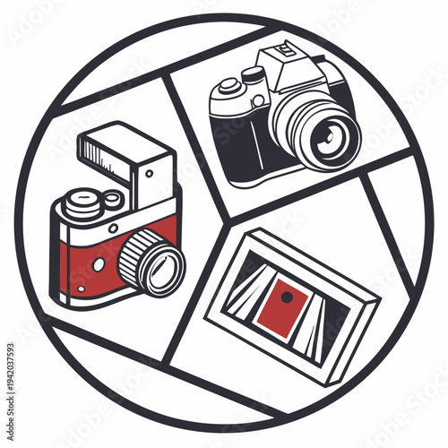 Vintage cameras and film photography equipment in a circle
