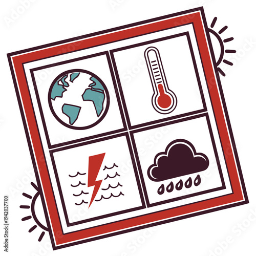 Weather forecast icons including globe, thermometer, lightning, and rain cloud