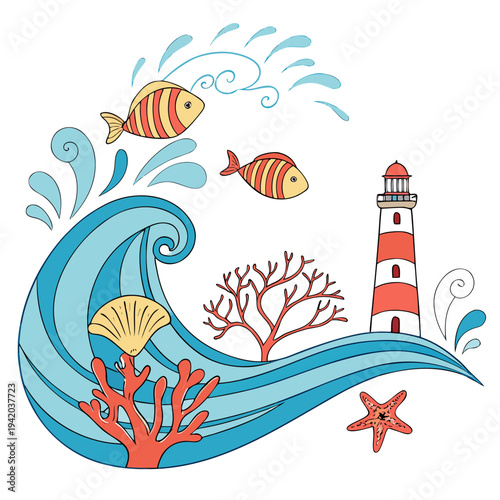 Vibrant ocean scene with lighthouse, colorful fish, and coral reef