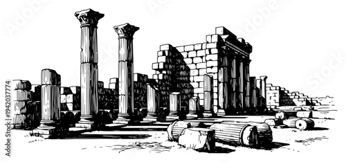 Classical Greek or Roman temple ruins with stone columns in hand drawn sketch style