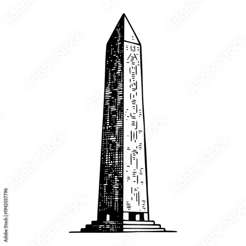 Tall Egyptian obelisk monument with hieroglyphs in vintage woodcut drawing style