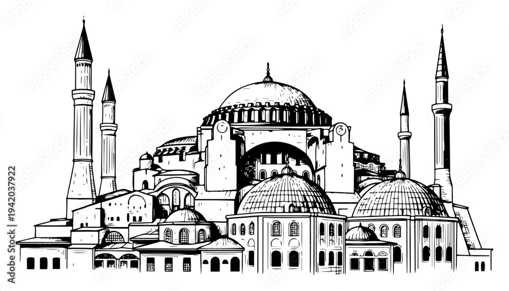 Fototapeta premium Hagia Sophia historical mosque and cathedral architecture in detailed hand drawn style