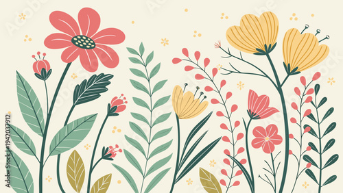 Stylized vector illustration of a vibrant spring garden with blooming flowers and lush leaves, a cheerful and colorful nature-inspired design