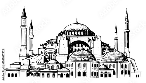 Hagia Sophia historical mosque and cathedral architecture in detailed hand drawn style