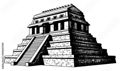 Ancient Mayan step pyramid temple ruins in vintage woodcut engraving style