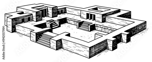 Vintage isometric architectural ruins of an ancient temple courtyard