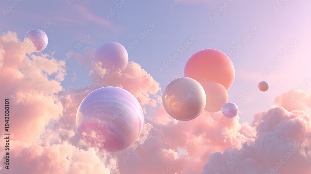 Fototapeta premium Colorful Spheres Floating Among Soft Clouds