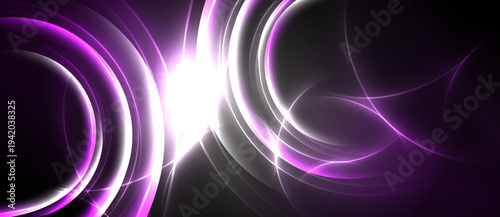 Abstract design features glowing curves, bright light source, dark background. Purple, white hues create dynamic visual effect.