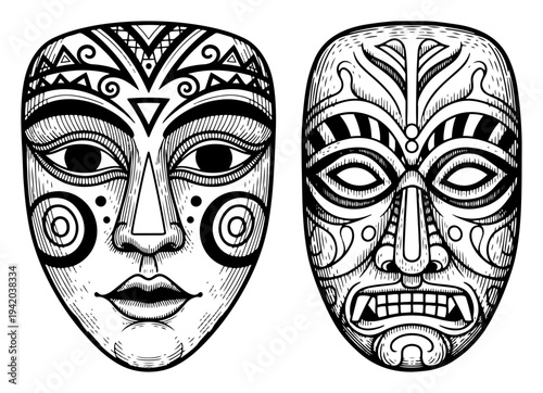 Decorative tribal masks with intricate patterns in vintage woodcut engraving style