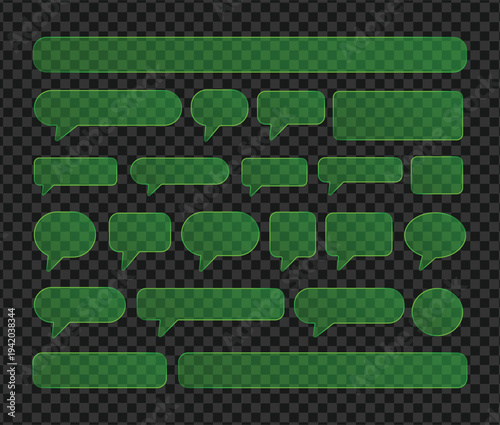 Green Transparent Message Boxes. 3D Glass morphism Speech Bubbles for Success Alerts and Tech UI Design. Glossy Glowing Chat Icons Set