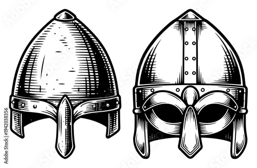 Medieval warrior helmets including viking and nasal styles in vintage woodcut drawing