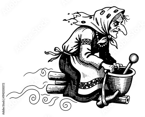 Baba Yaga witch flying in a mortar in vintage folklore engraving style