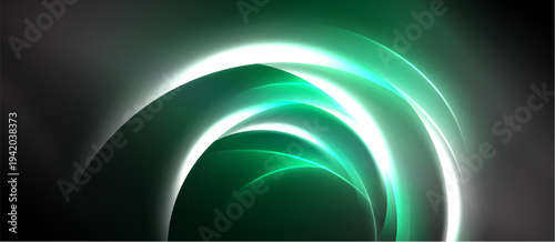 Abstract design features layered green, white curves. Smooth gradients create luminous effect against dark background. Modern, dynamic composition.