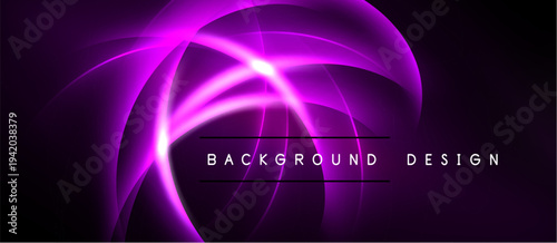 Abstract purple light curves radiate from center. Dark background creates dramatic visual effect. Text reads background design.