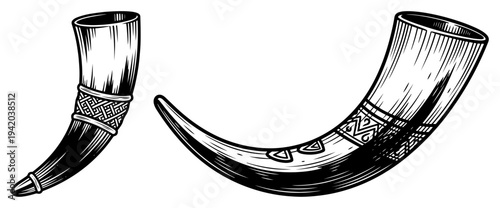 Pair of traditional drinking horns with ornate patterns in vintage engraving style