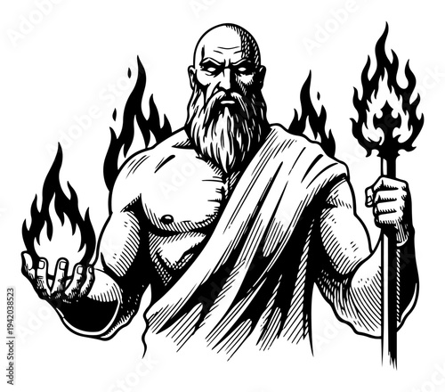 Powerful mythological god holding flaming fire in vintage hand drawn woodcut style