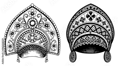 Two traditional russian kokoshnik headdresses with floral patterns in woodcut style