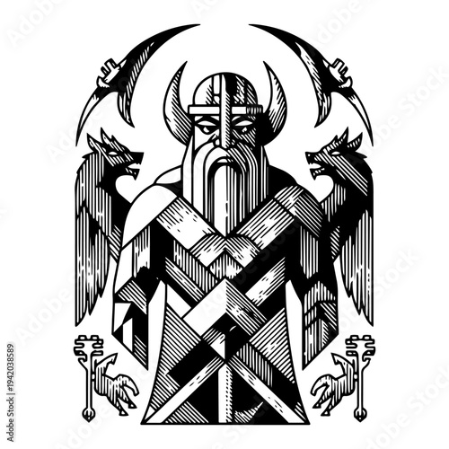 Norse viking warrior deity with horned helmet and ravens in stylized black and white woodcut art style