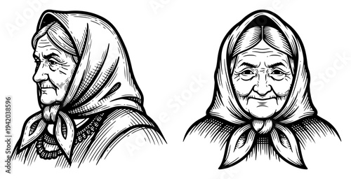 Portrait of a senior woman wearing a traditional headscarf in detailed vintage engraving style