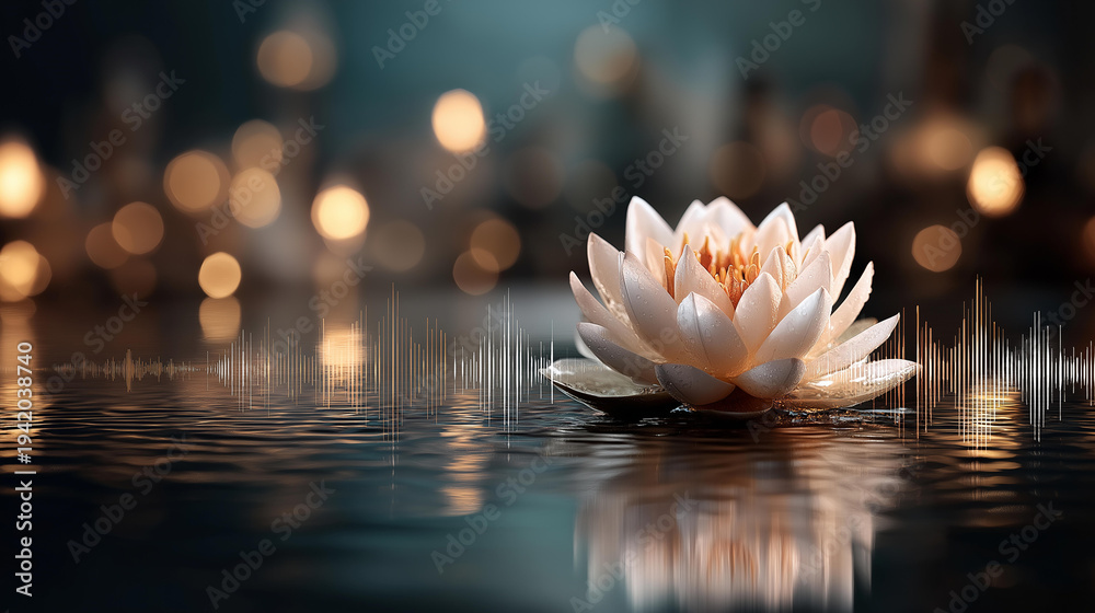 Fototapeta premium Glowing lotus flower with soft sound wave ripples representing meditation and mindfulness, defocused background, spiritual wellness concept, yoga and meditation design, with copy
