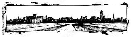Panoramic urban skyline landscape with distant city buildings in vintage woodcut engraving style