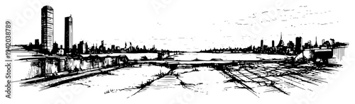 Wide urban panoramic view of a city skyline from an elevated perspective in vintage sketch style