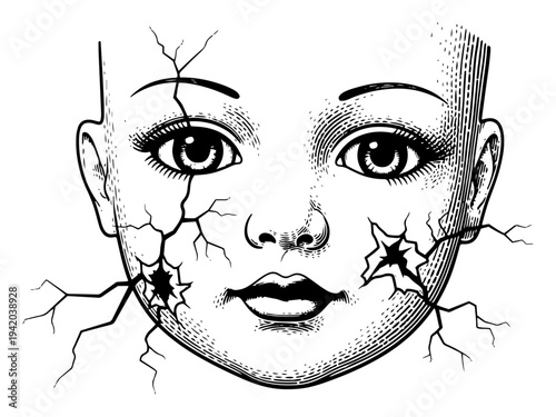 Creepy cracked doll face with bullet holes in woodcut engraving style