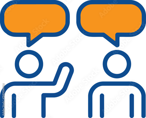 Two blue line figures communicate with speech bubbles on a clean white background