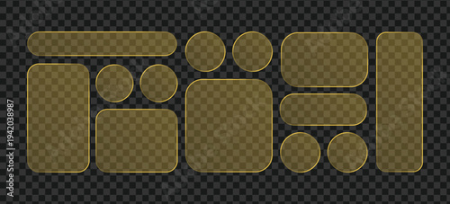 Premium gold luminous glass morphism UI element set. Translucent frosted glass shapes, glowing neon geometric panels, rounded buttons and frames for web design