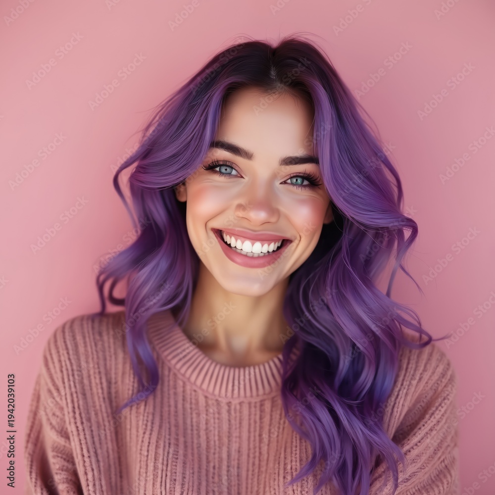 Fototapeta premium Young woman with bright purple wavy hair smiles broadly. She wears a pink knitted sweater against a soft pink backdrop. Her blue eyes are clear and bright.