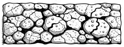 Old cobblestone wall or paved road with cracked irregular rocks in detailed engraving style