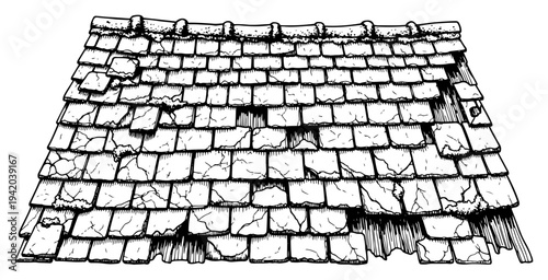 Old weathered roof with broken ceramic tiles and cracked shingles in detailed vintage engraving style